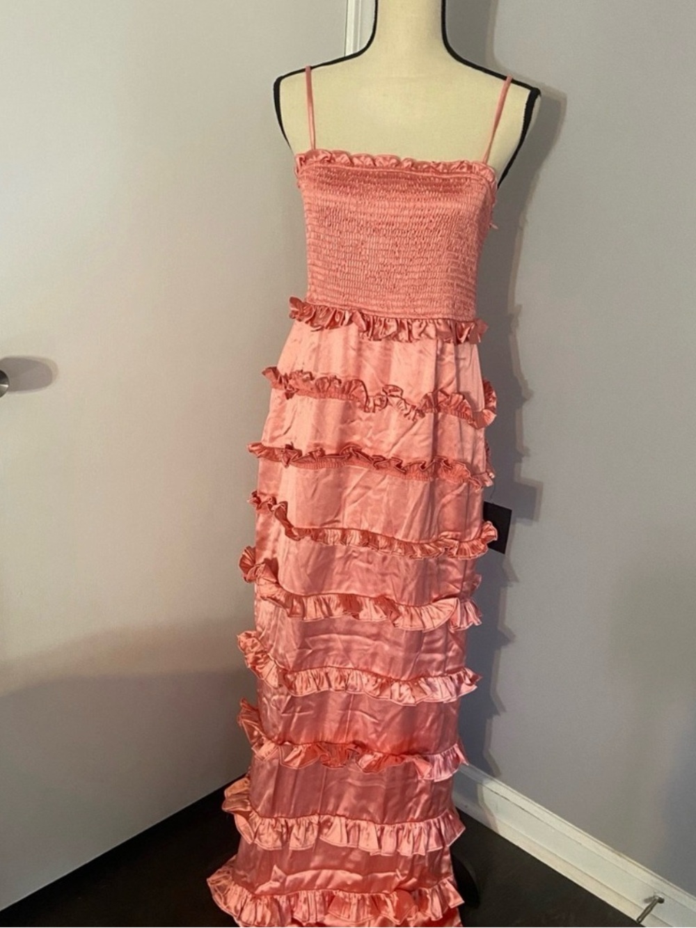 Lulu's Coral Pink Peach Satin Smocked Maxi Event Dress Size L